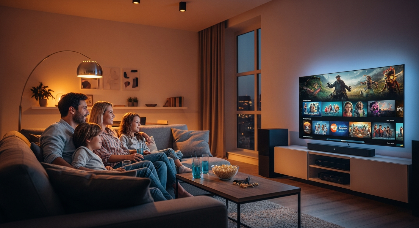 Famille regardant abonnement IPTV premium sur Smart TV - Films et séries 4K