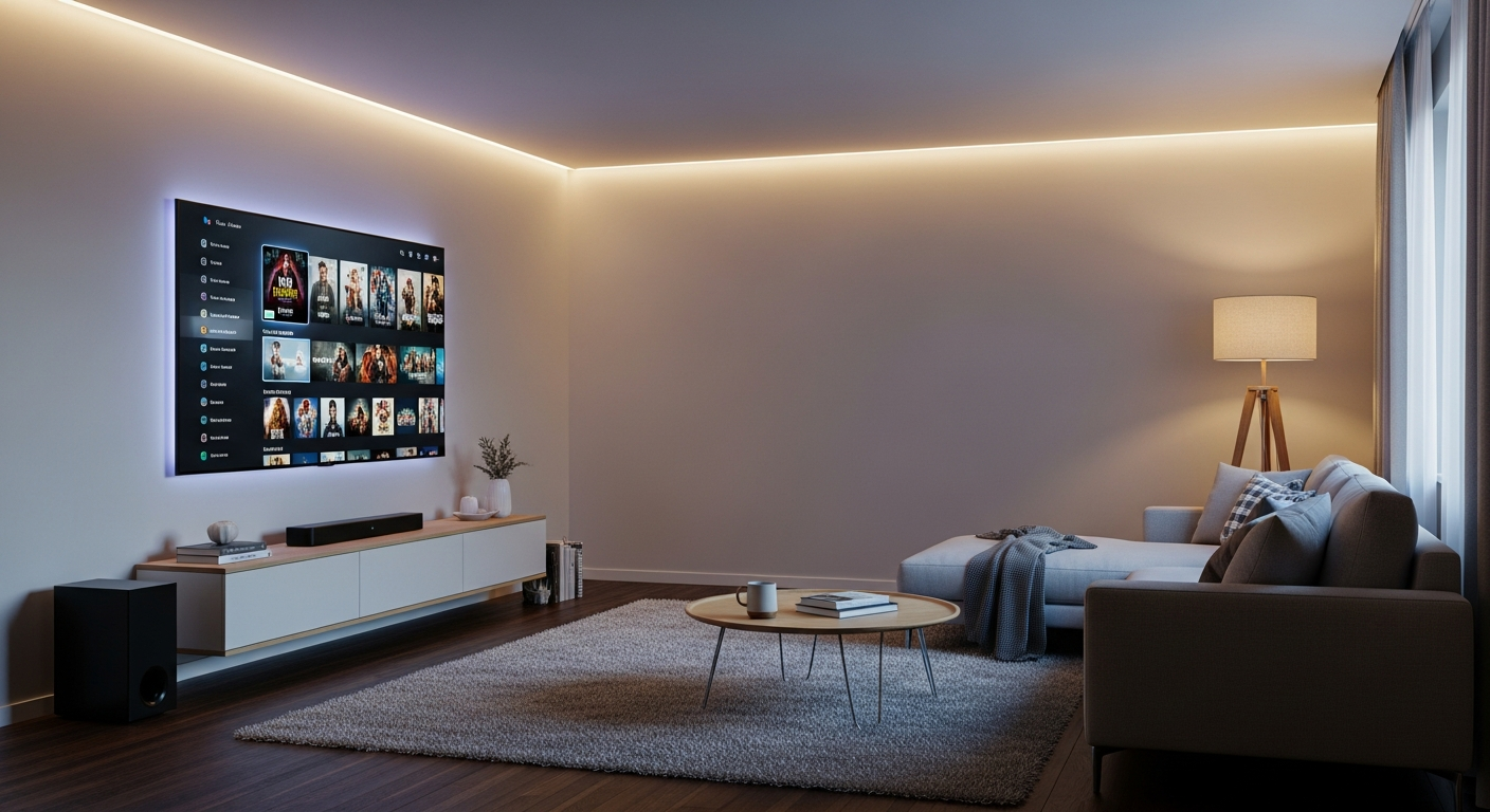 Abonnement IPTV France premium sur écran TV 4K dans salon moderne